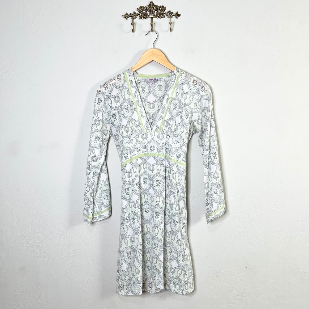 Lolita Jaca St Barth XS Dress V Neck Print Long Sleeve Tie Waist‎ Cotton Sheer